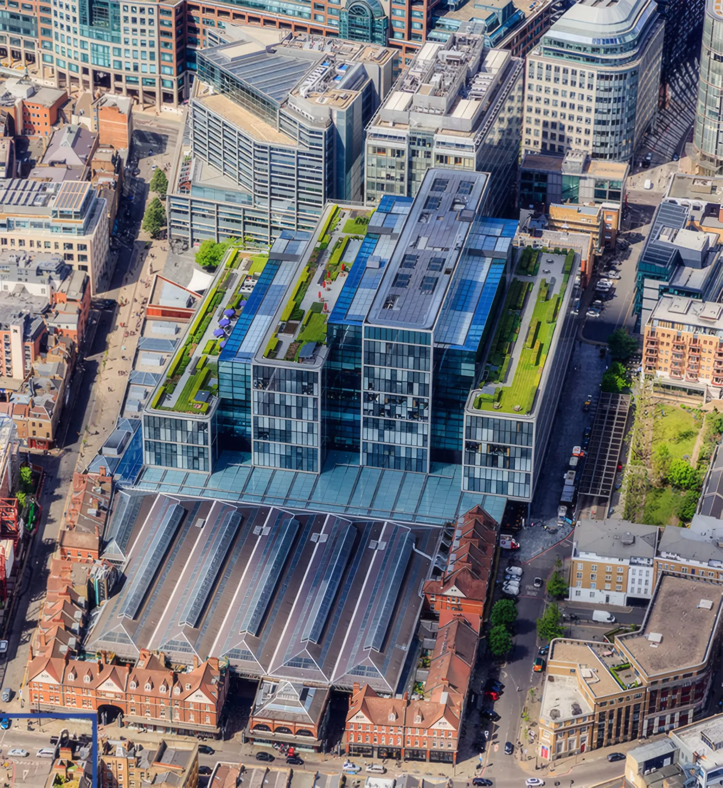 Aerial view of Bishops Square, with its planted roof terraces, beside Spitalfields Market.
