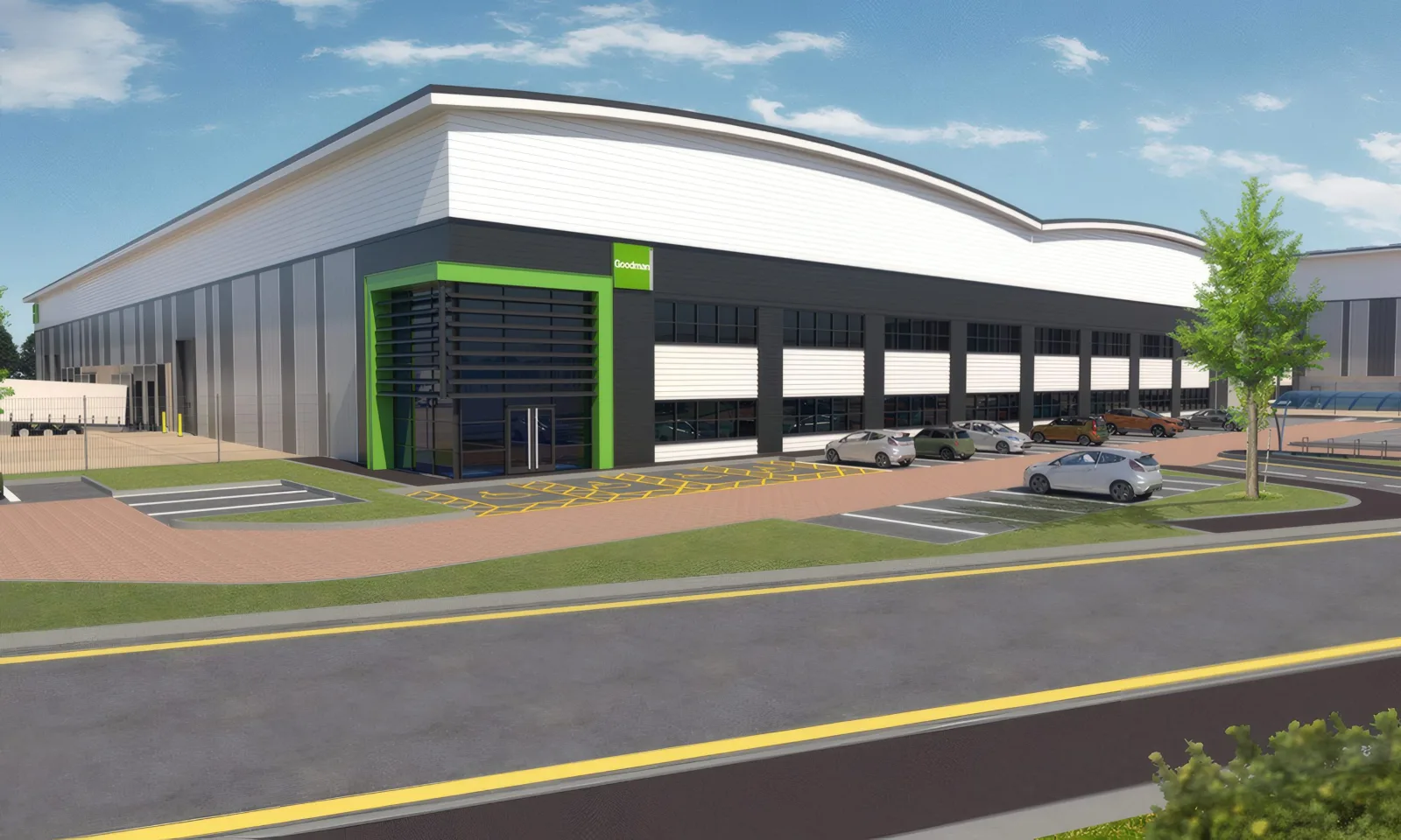 Computer-generated view of an industrial unit, with its green-framed glazed entrance.