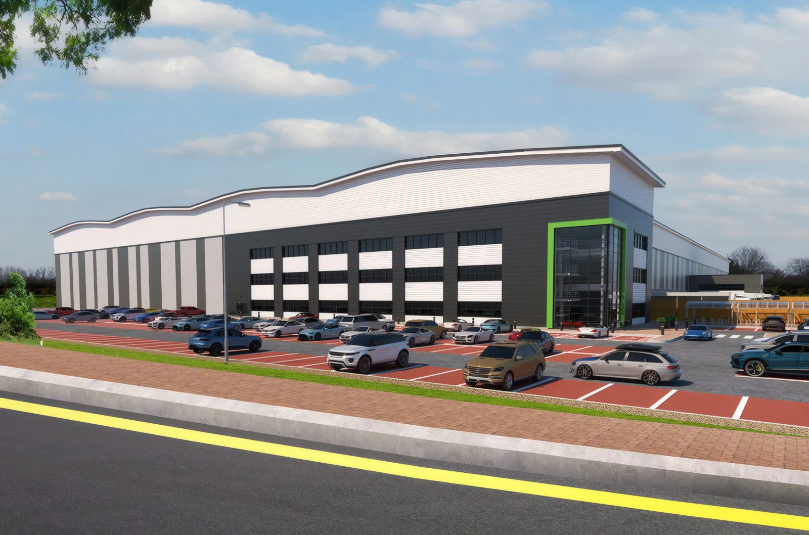 Computer-generated view of a unit and its car park.