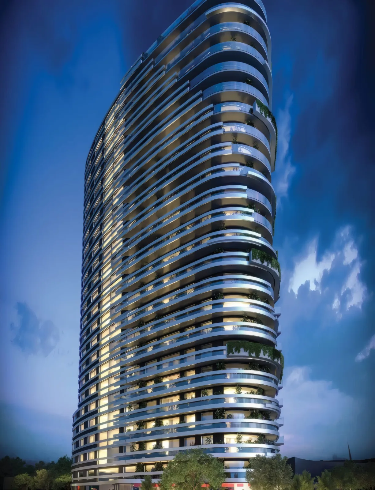 Computer-generated view of the tower at dusk.