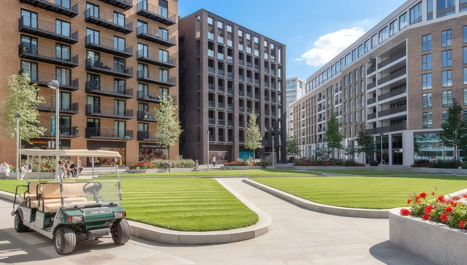 A landscaped courtyard between apartment buildings.
